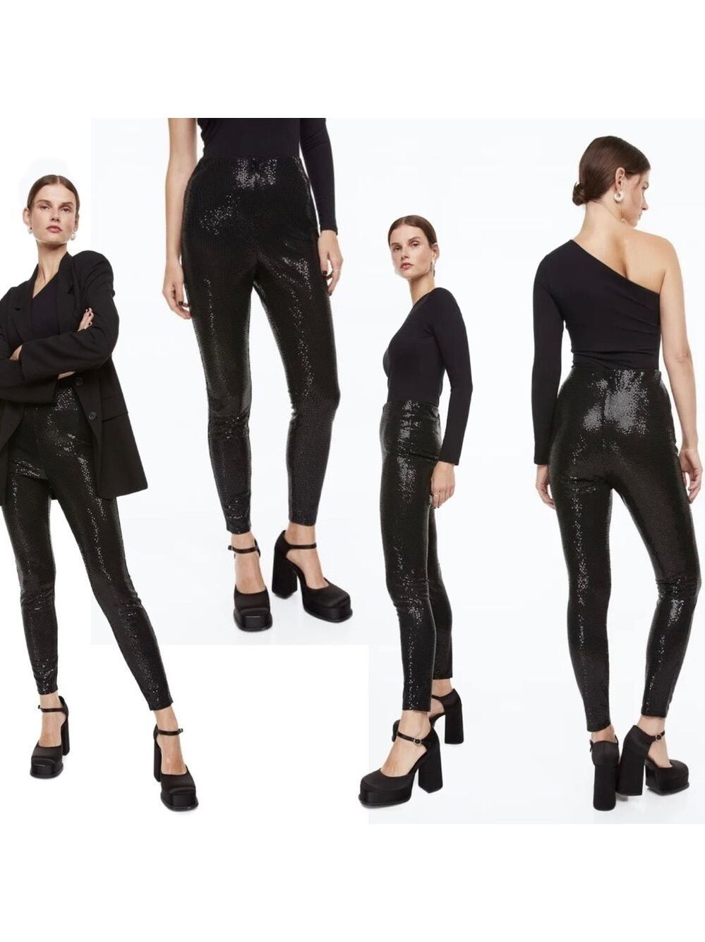 H&m black sequin sparkly stretchy leggings Sz XS